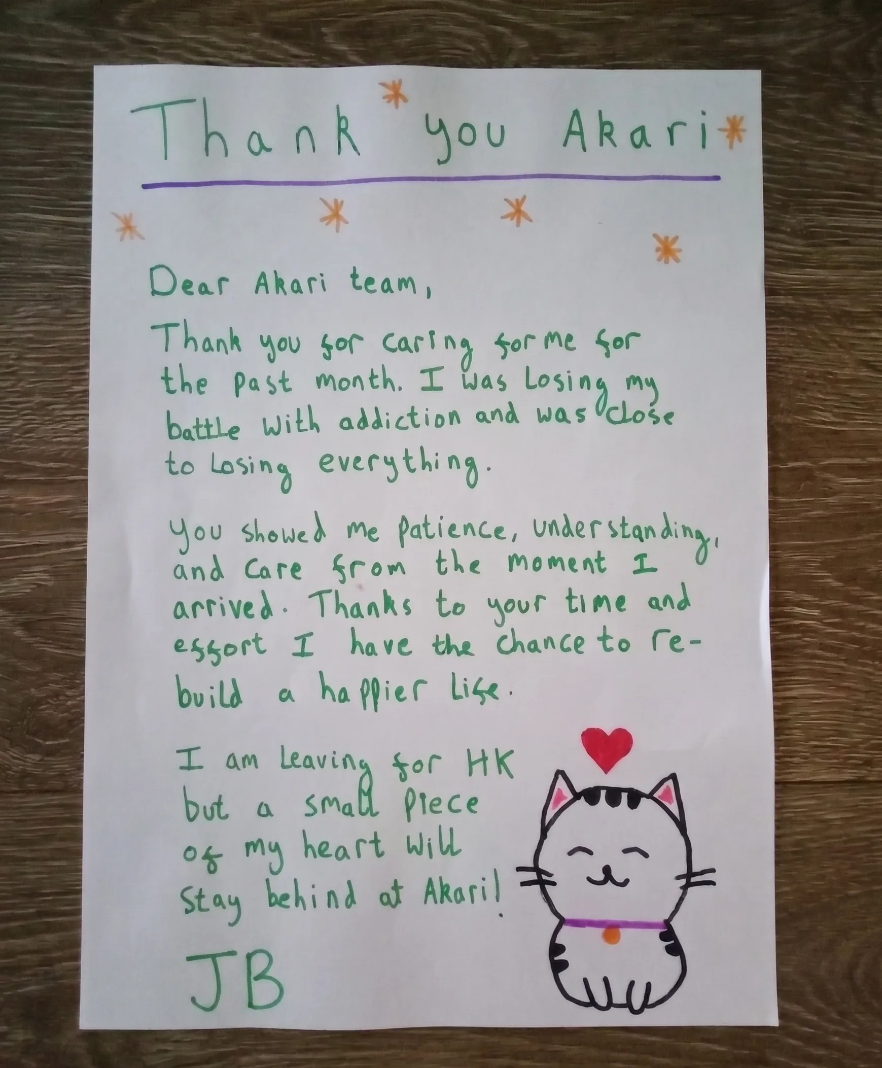 Handwritten letter from an Akari client