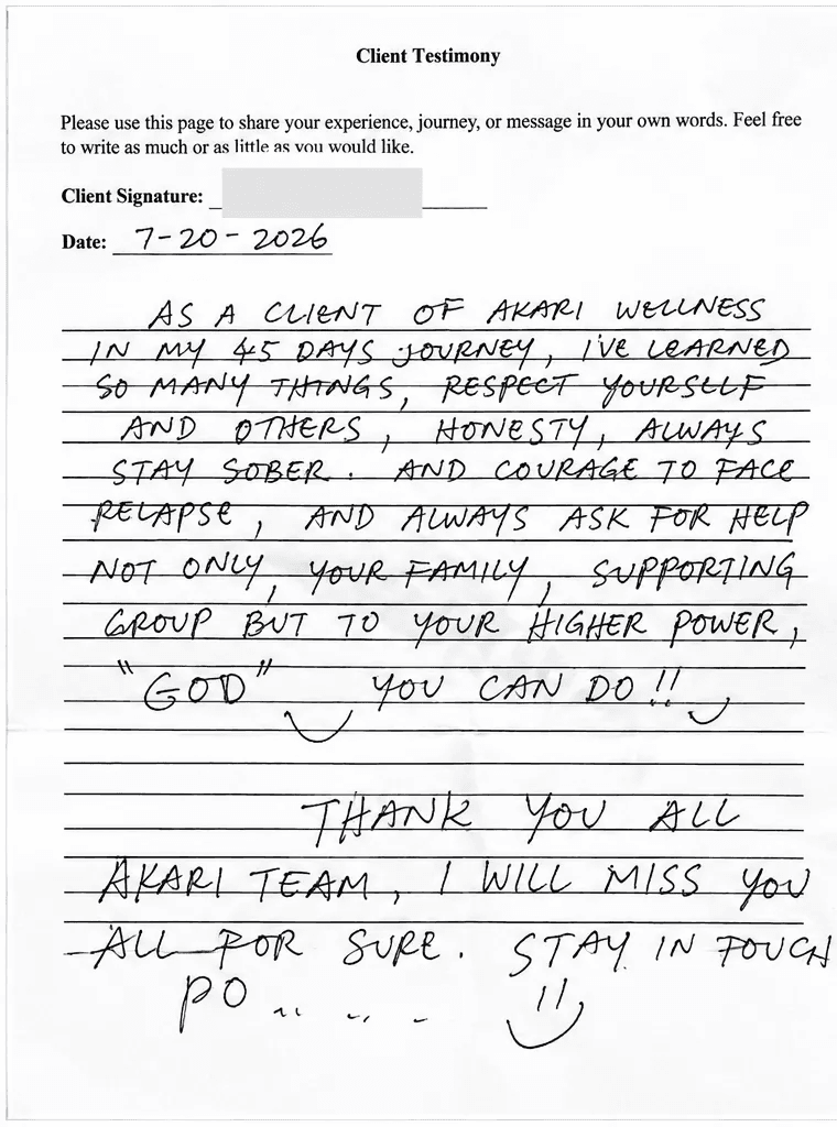 Handwritten testimonial from a former Akari client — 45-Day Program