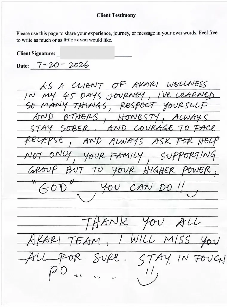 Handwritten testimonial from a former Akari client — 45-Day Program