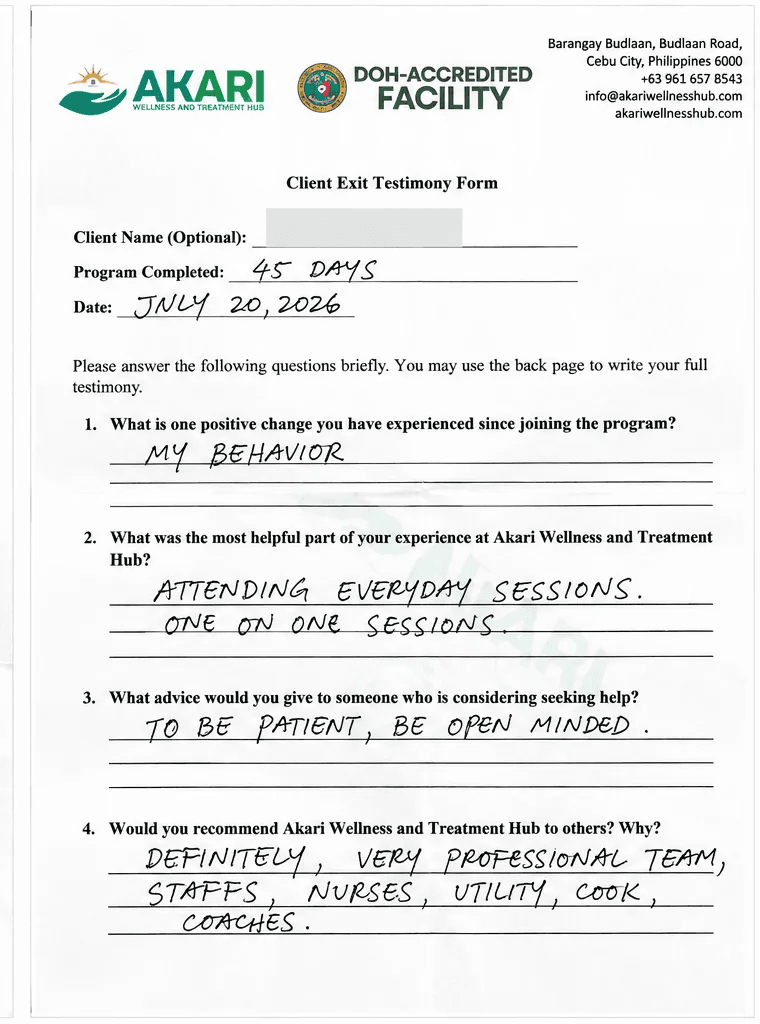 Client exit testimony form completed by a former Akari client