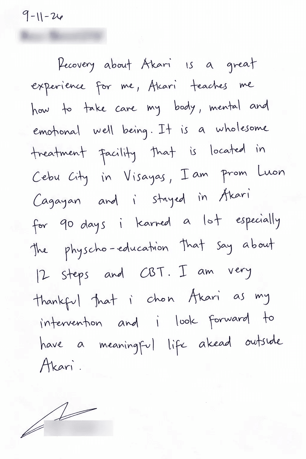 Handwritten testimonial from a former Akari client — 90-Day Program