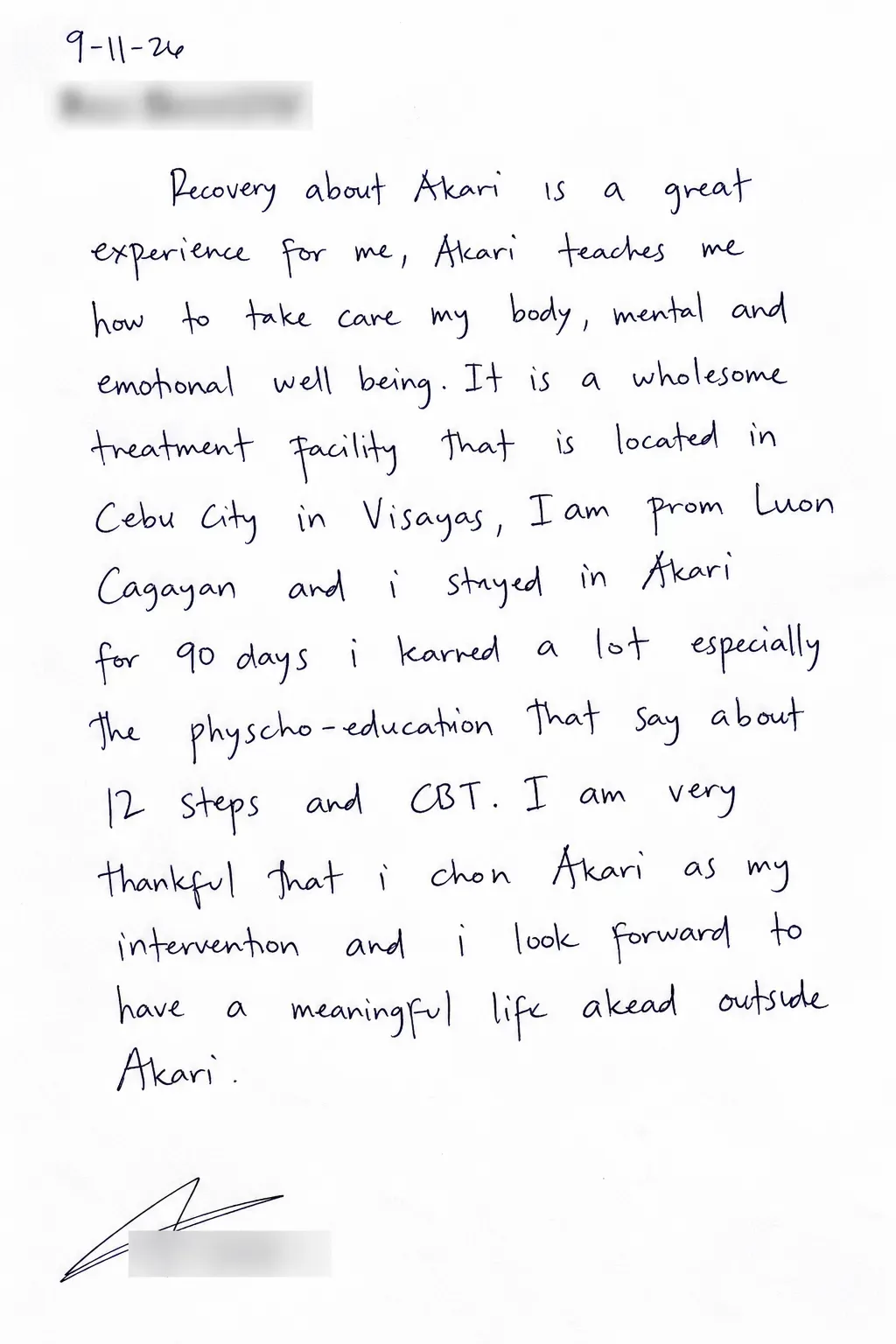 Handwritten testimonial from a former Akari client — 90-Day Program